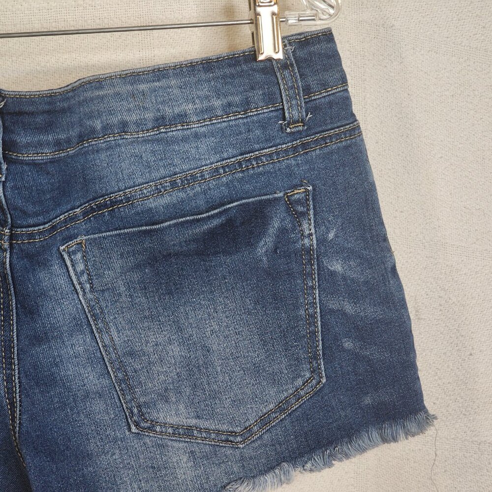Rue21 Medium Wash Sunshine Cut Out Cotton Poly Viscose Span Cut Off Shorts Sz 12 - Picture 12 of 16